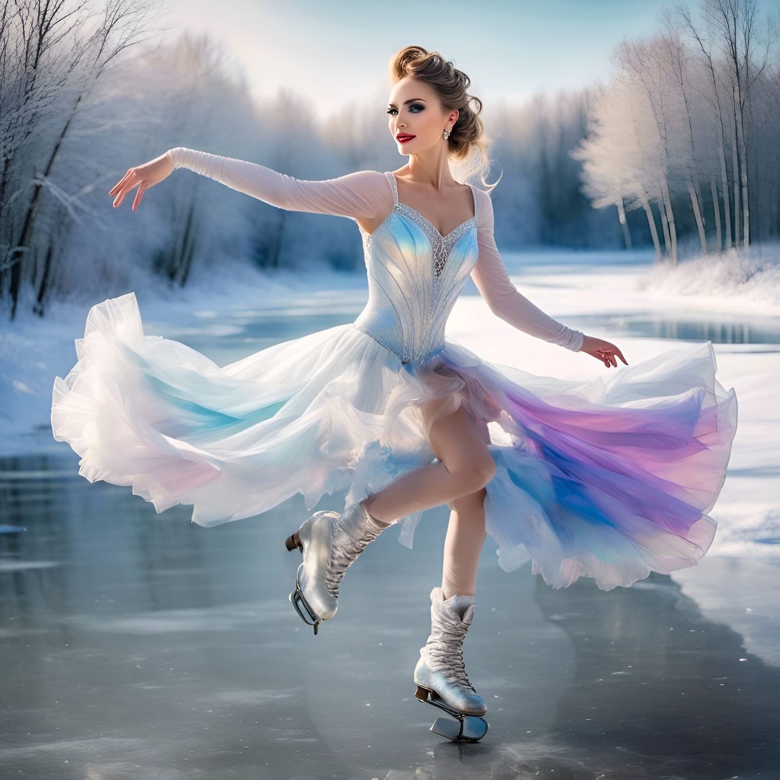 One-Legged Woman Ice Skater on Frozen River
