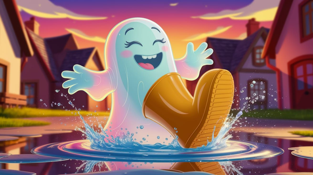 Playful Ghost Splashing in Sunset Puddle
