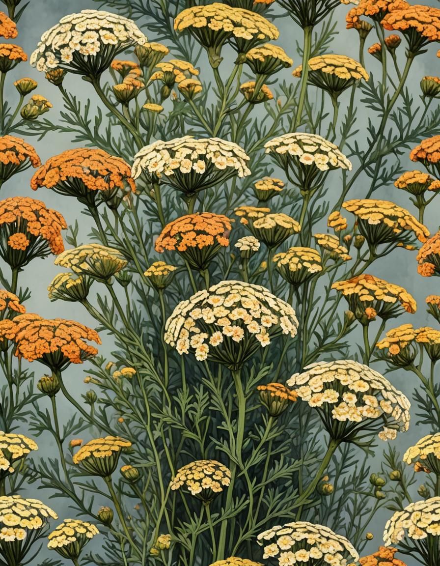 Detailed Botanical Illustration of Achillea in Gouache Style