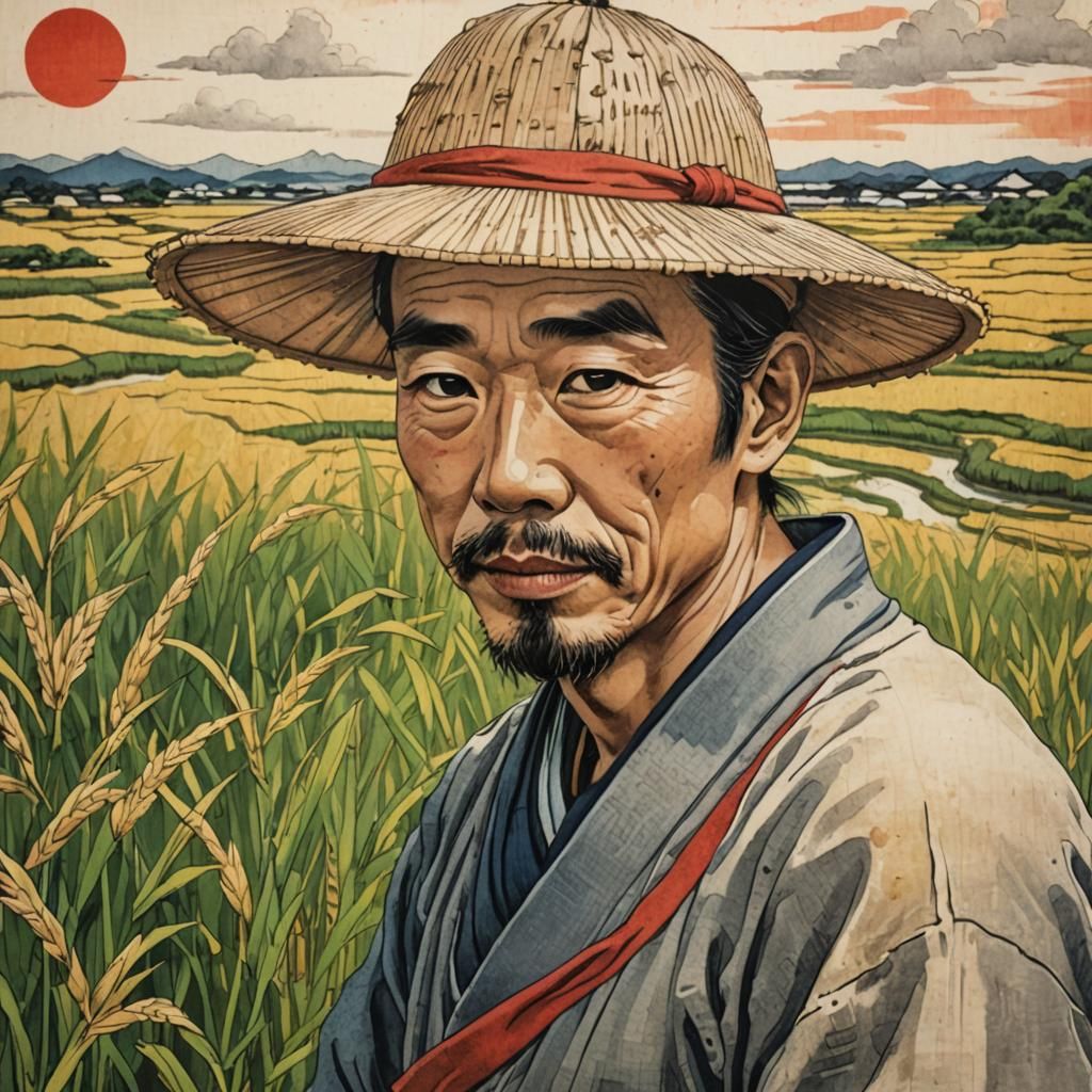 Rice Field Harvest: Ukiyo-e Woodblock Print