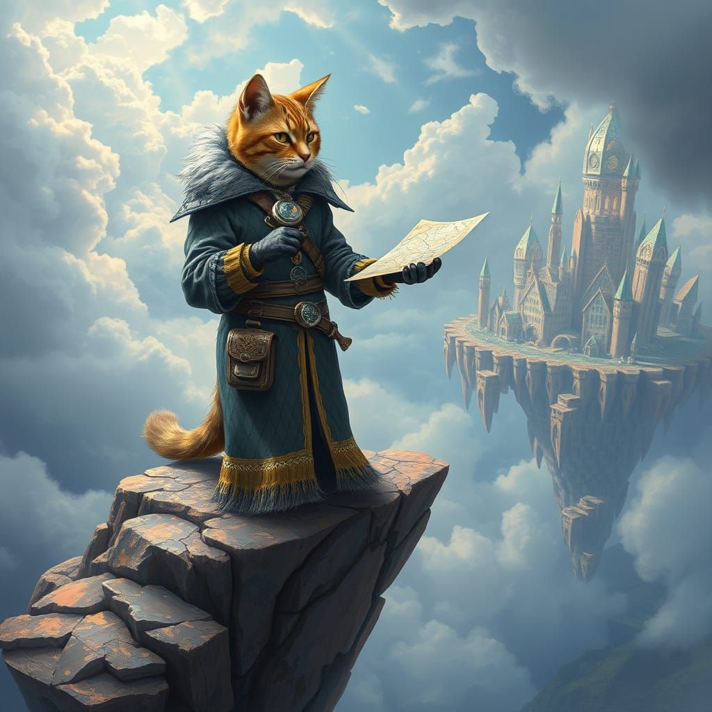 Feline Cartographer on Floating Island, Dreamlike Art