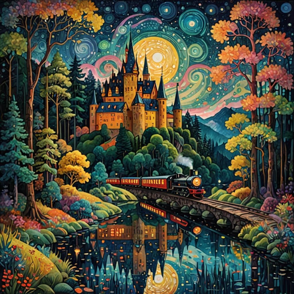 Magical Expressionist Train and Castle in Pointillism
