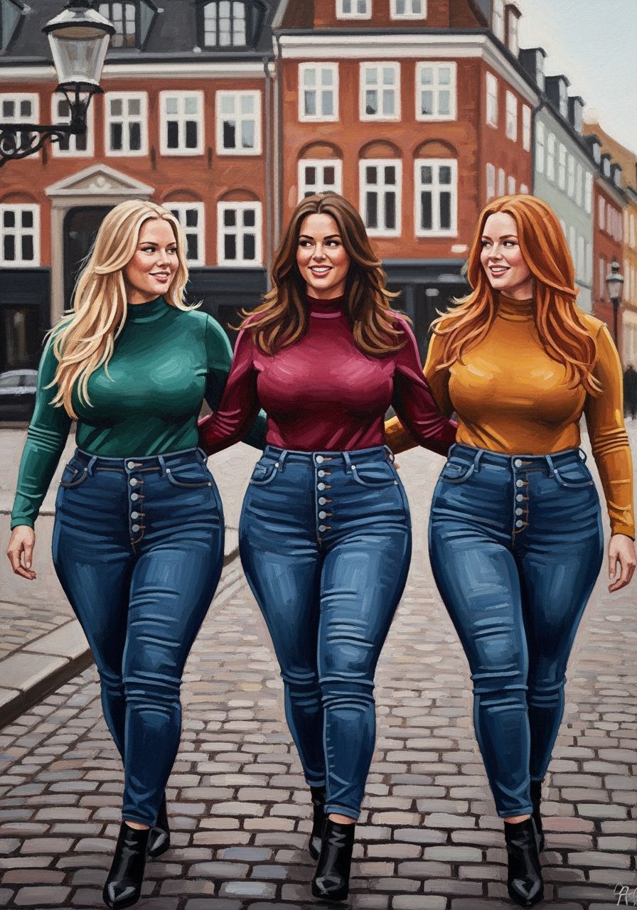 Curvy Women Stroll in Copenhagen as Impasto Oil Painting