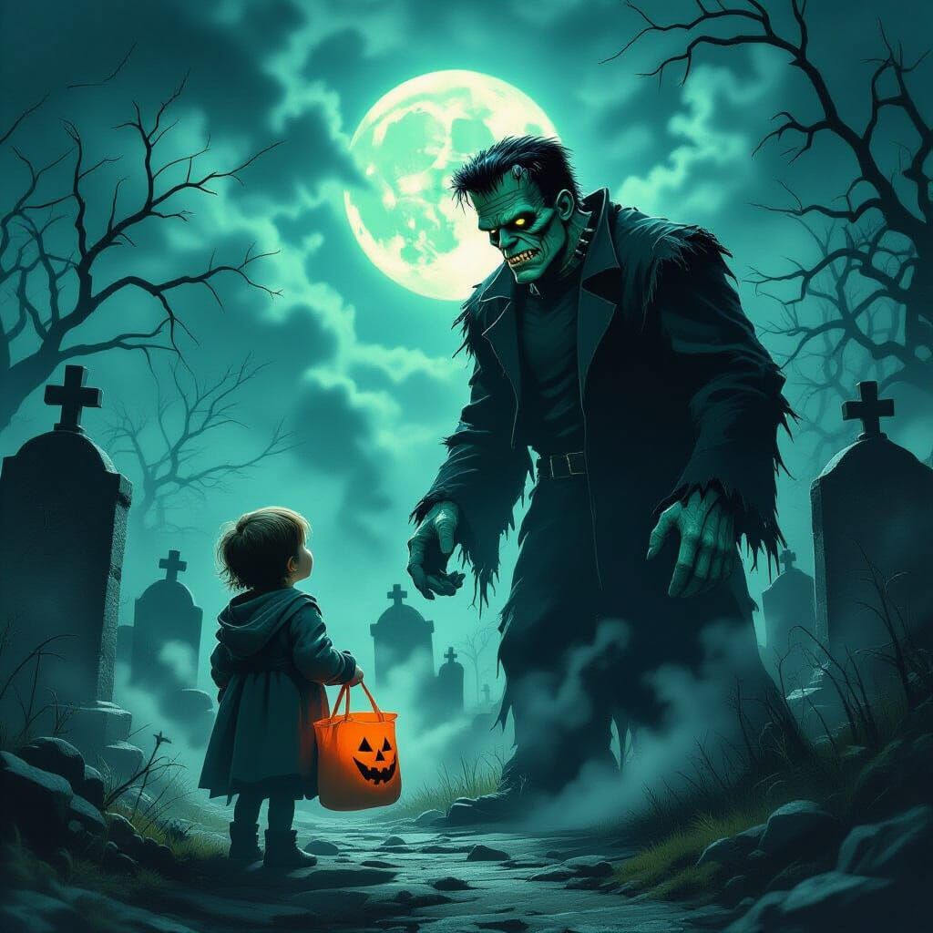Frankenstein's Monster Meets Child in Eerie Graveyard