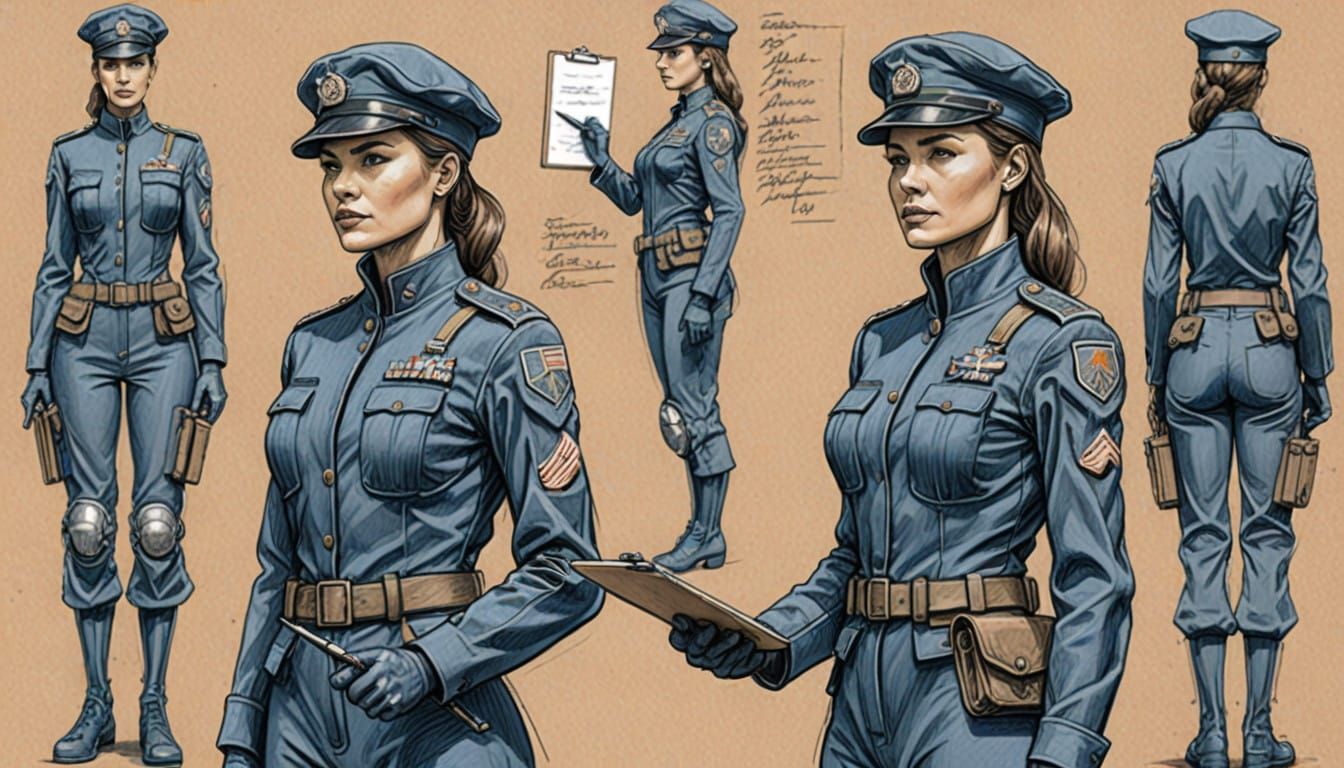 Cyborg Female Officer in Military Uniform, Sketch