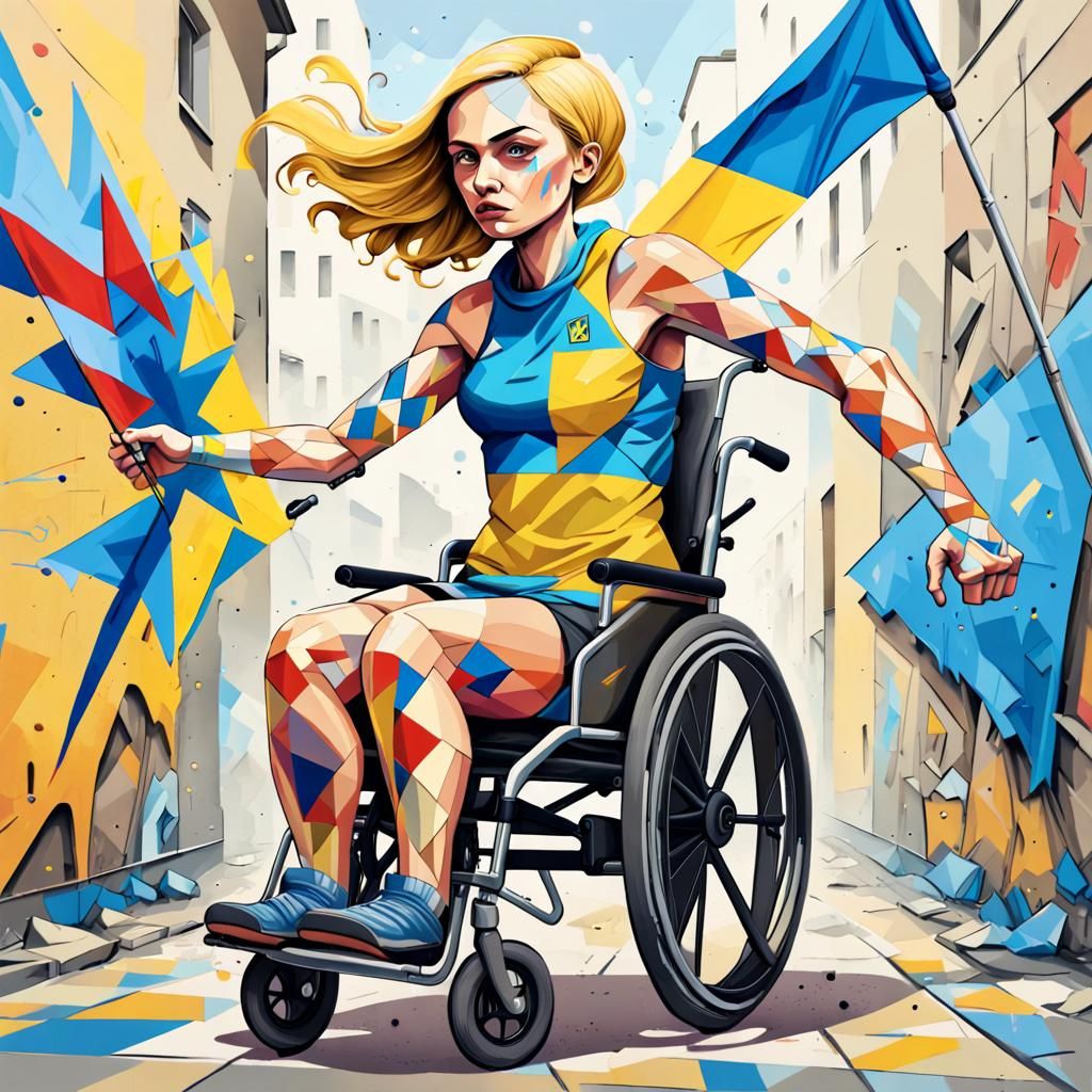 Geometric Cubist Woman Advances with Flag in Graffiti Art