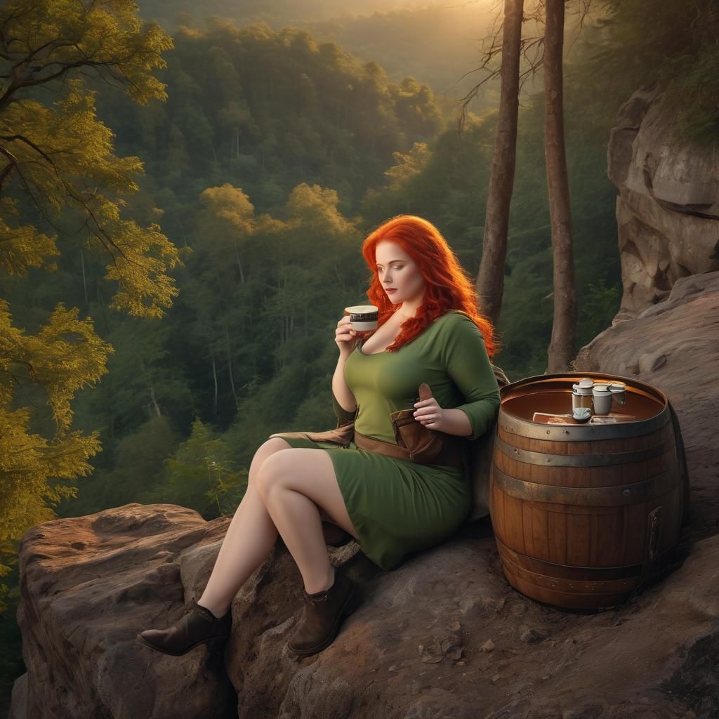 Redhead Woman Sipping Coffee at Sunrise