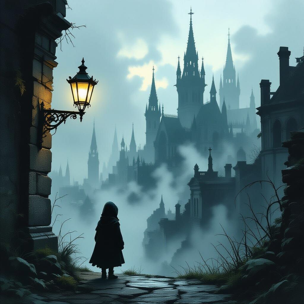 Child in Gas Lamp Light at Ruined City Edge