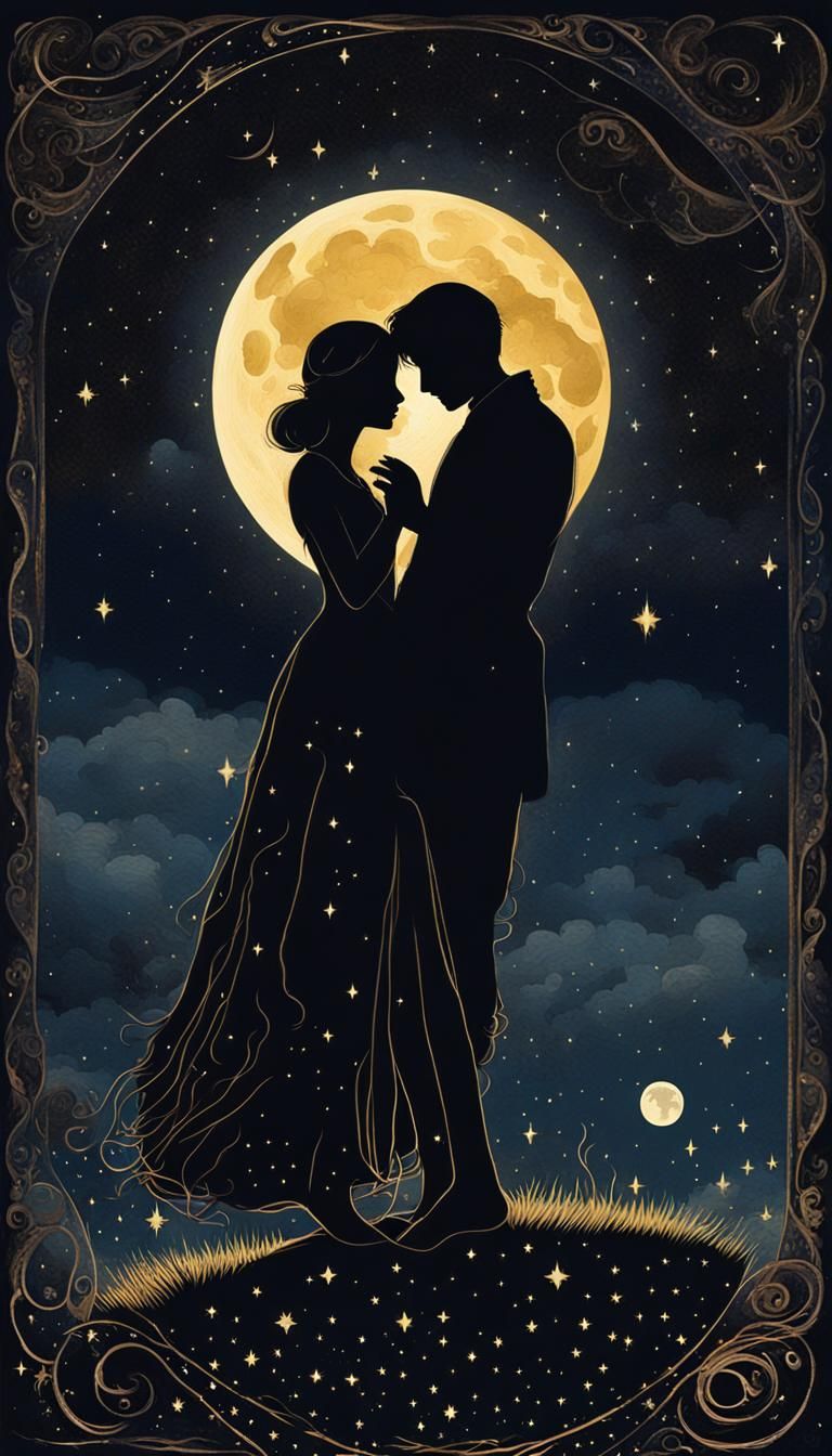 Lovers Under Starry Zodiac Sky: Fantasy Art