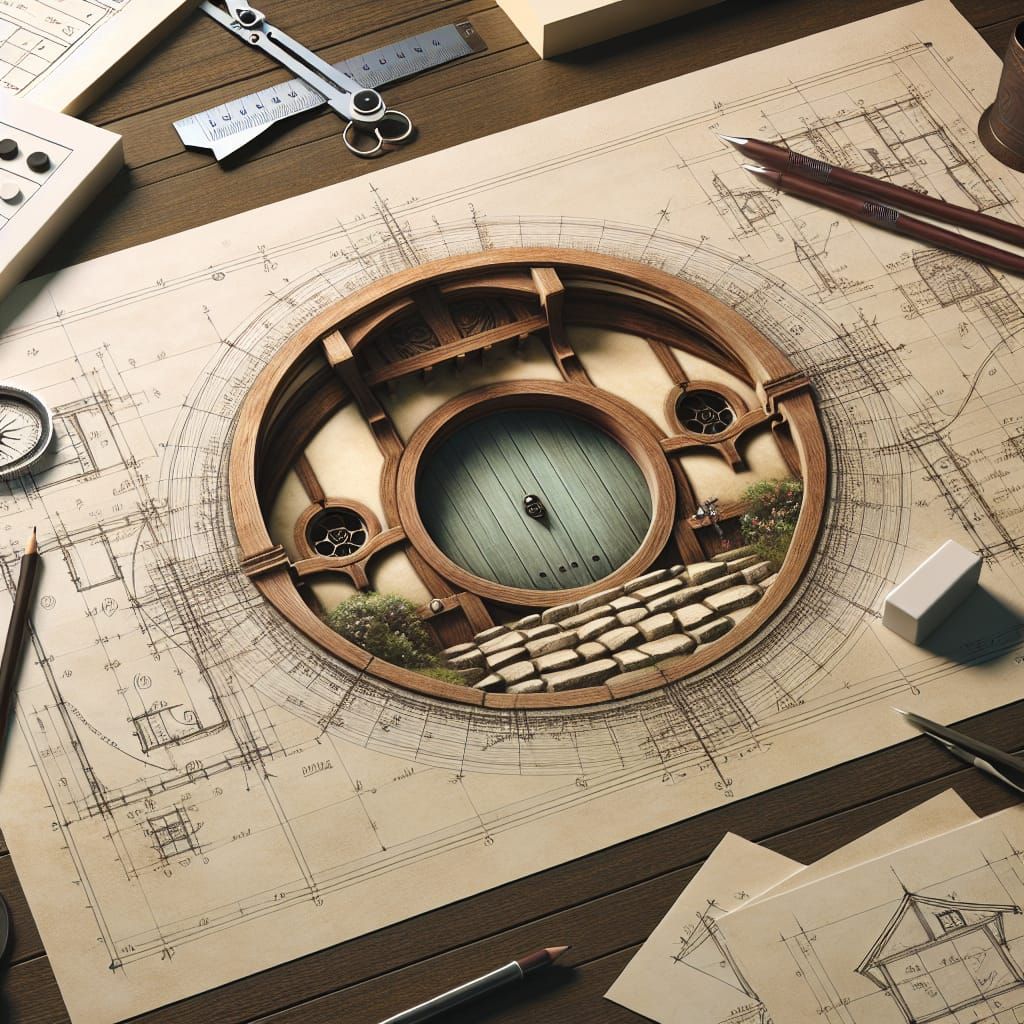 Hobbit Home Blueprint on Desk, Detailed Architectural Drawin...