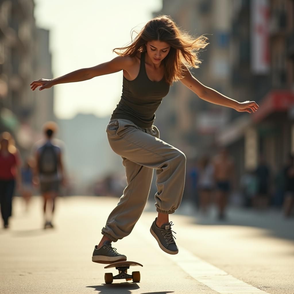 Female Skateboarder Kickflip in Urban Scene