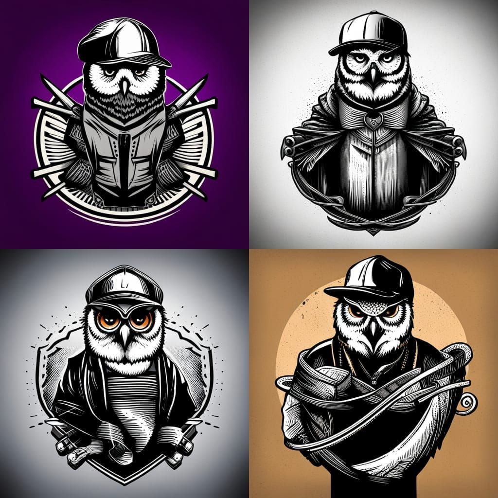 Punk Rock Owl Logo in Black and White Vector