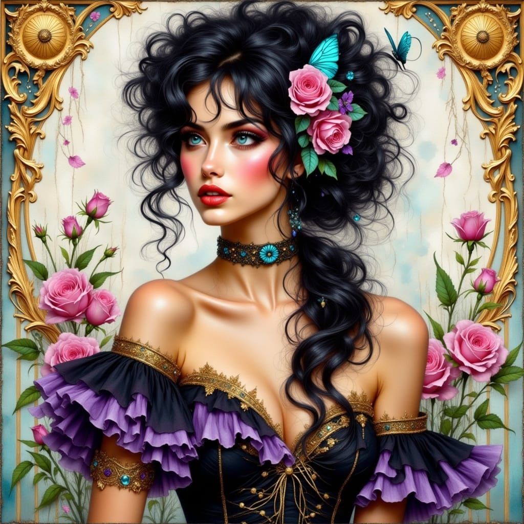 Woman in Black Dress: Art Nouveau Style