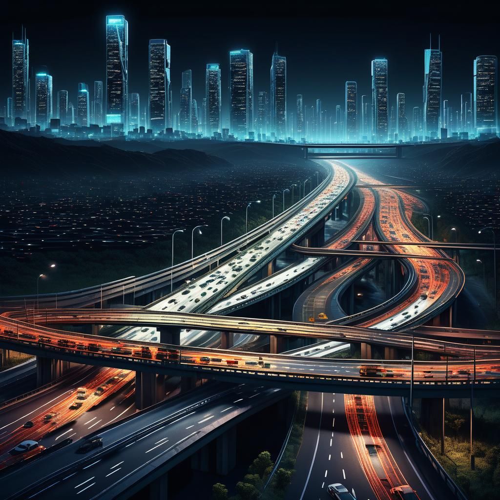 Hyperdetailed City Lights on Highway at Night
