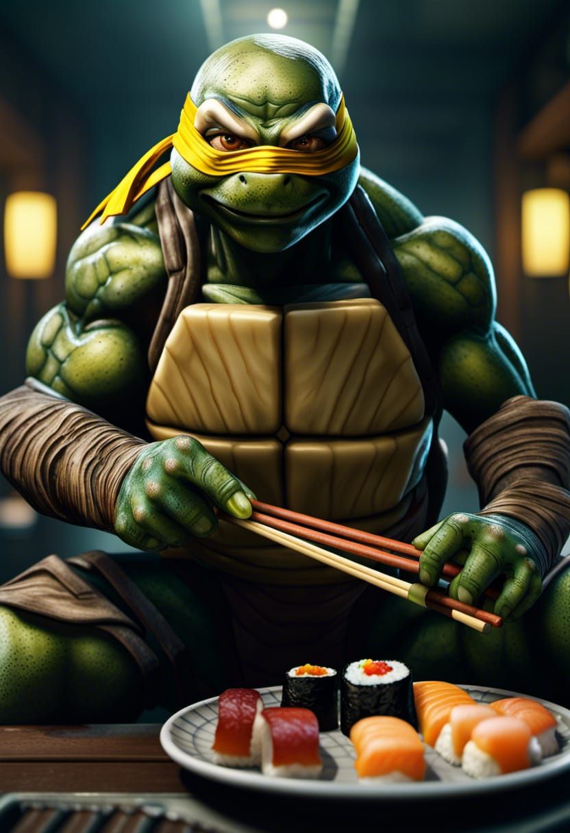 Ninja Turtle Enjoying Sushi in Sewer
