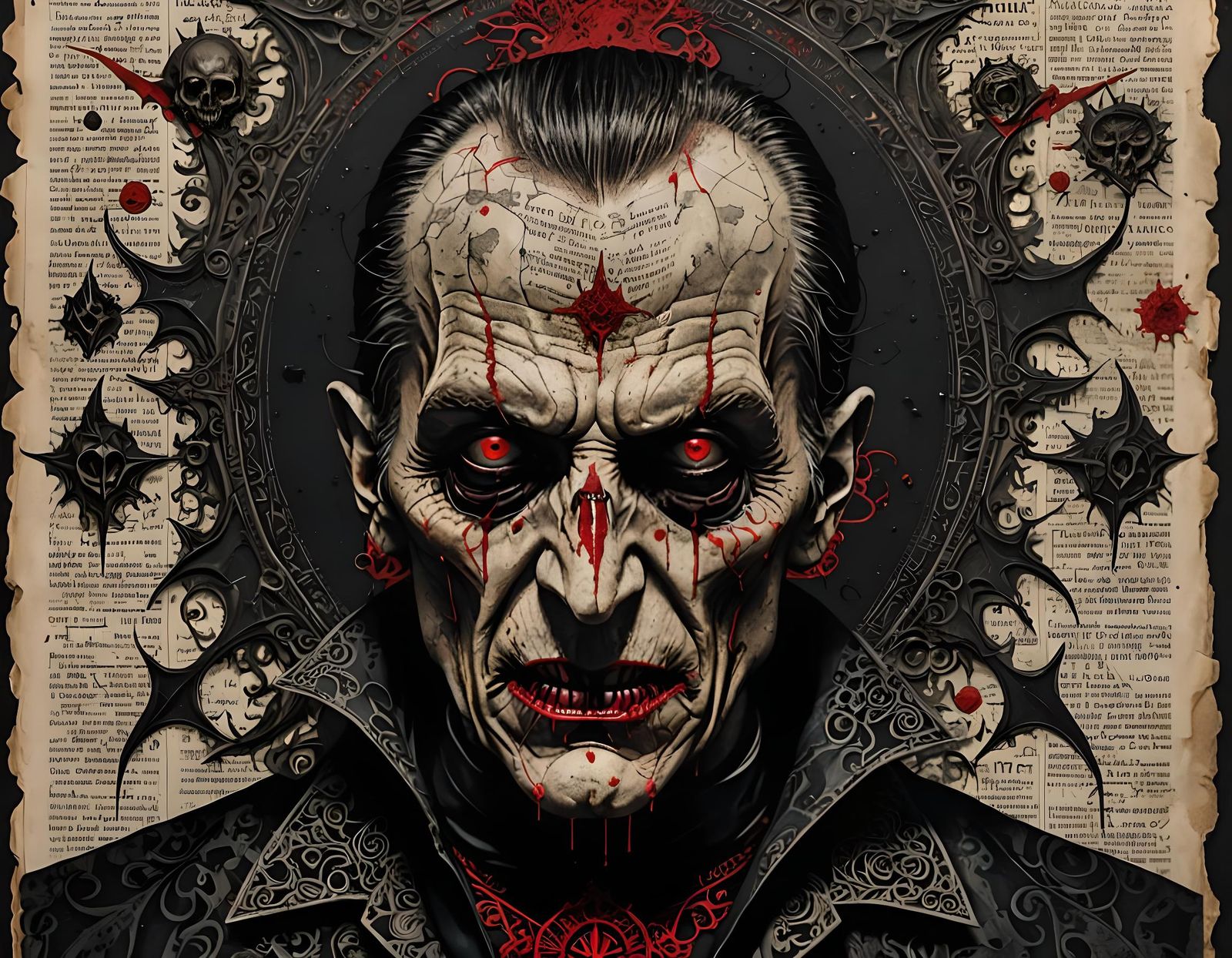 Gothic Vampire Portrait in Dark Collage Art