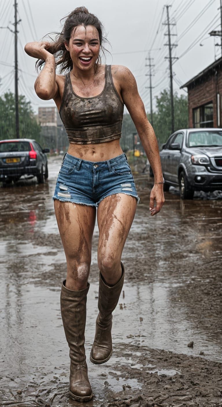 Joyful Mud Puddles: A Hyperrealistic Rainy Day