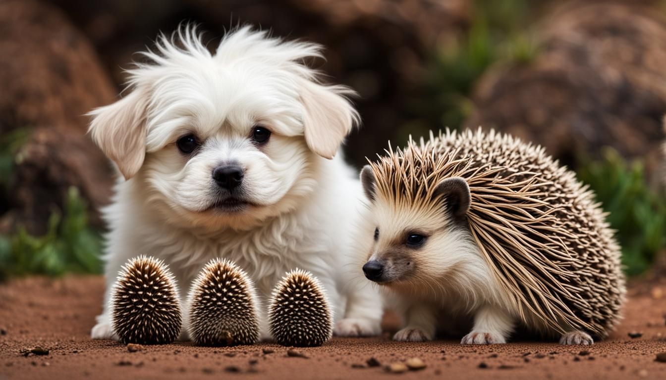 A pretty Maltese puppy, a prickly hedgehog and their friends.
