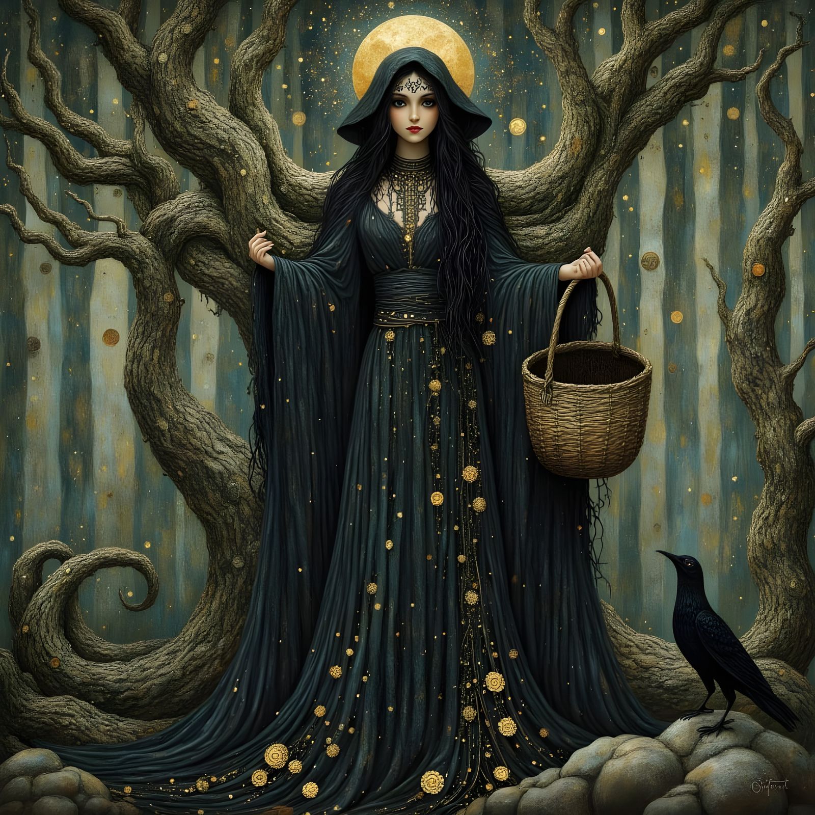 Mysterious Forest Witch Portrait in Pre-Raphaelite Style