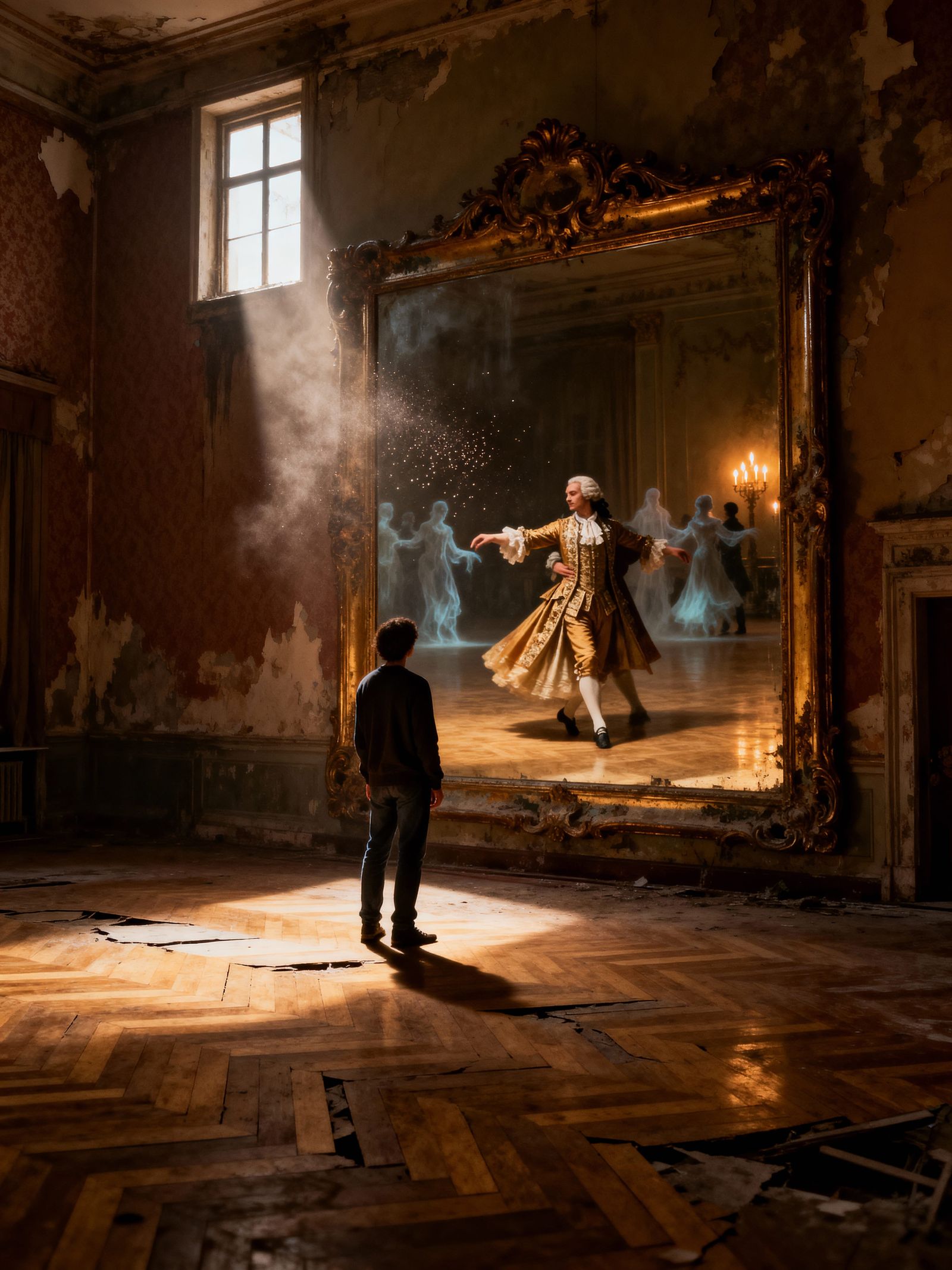 Haunting Ballroom Reflection: Modern Meets 18th Century