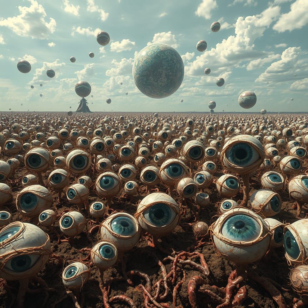 Surreal Field of Eyes in Dreamlike Realism