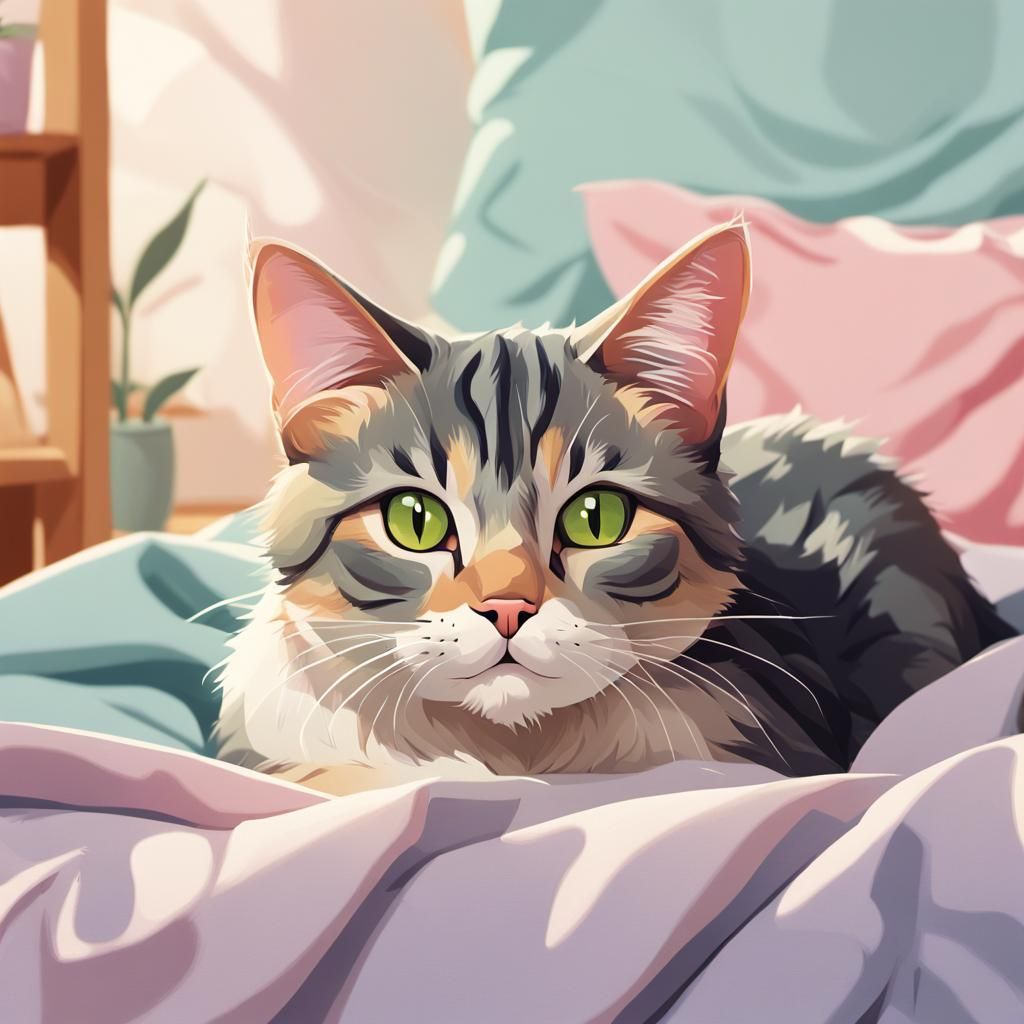 Cartoon Cat Lounging on Shirt in Pastel Colors