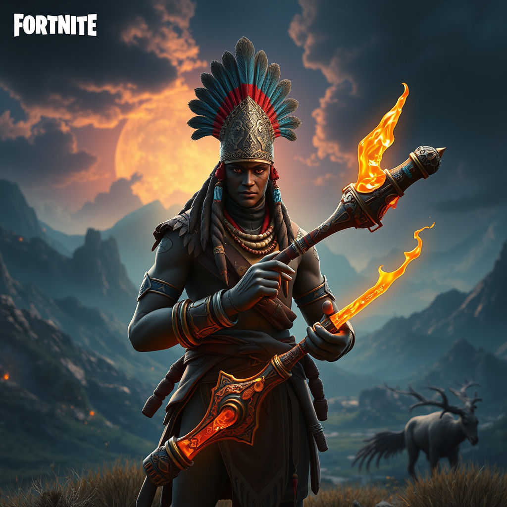 Mystical Indien Warrior with Glowing Pipe in Fortnite Landsc...