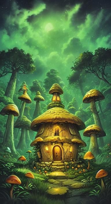 Enchanted Fairy Mushroom House in Bioluminescent Forest