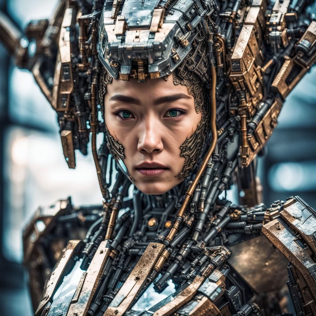 Futuristic Mech Reflecting Asian Warrior, Hyperrealistic HDR