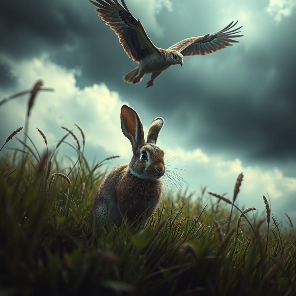 Rabbit Hides from Hawk in Dramatic, Cinematic Landscape