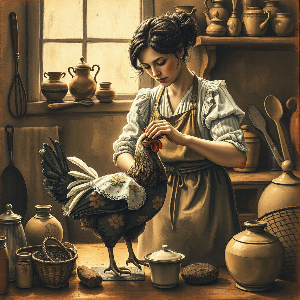 Woman Dresses Chicken: Whimsical Charcoal Art