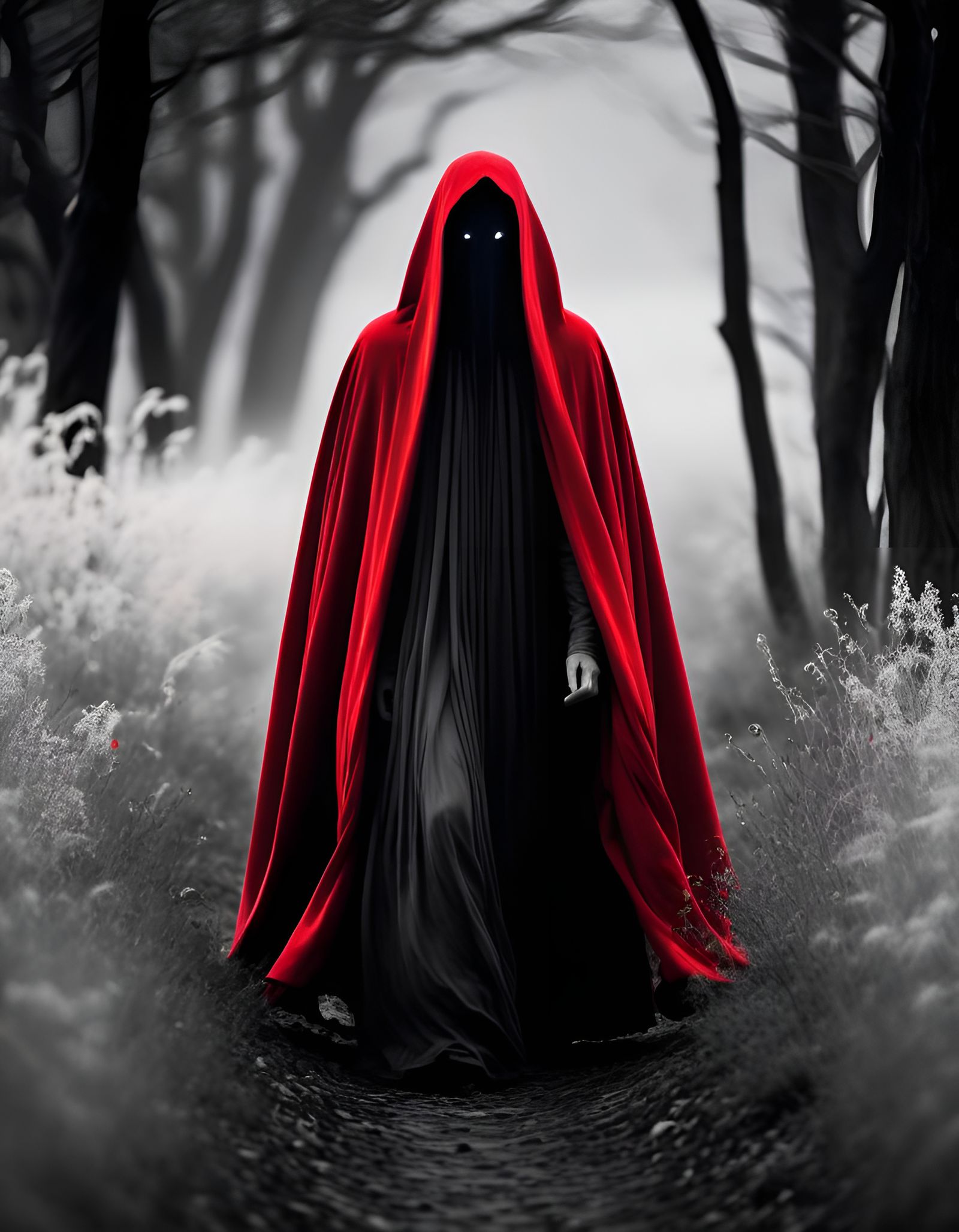 Ghostly Figure in Red Cloak, Black and White