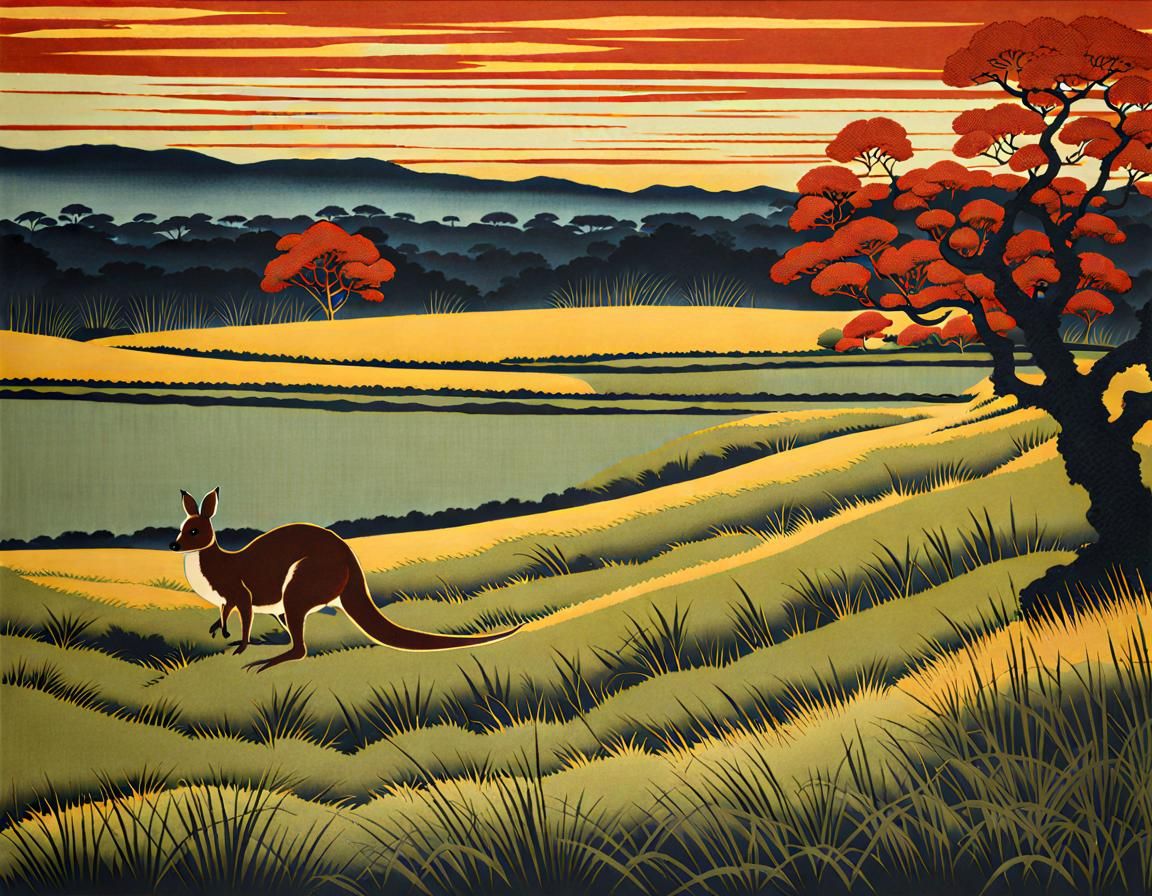 Kangaroo Landscape in Ukiyo-e Style