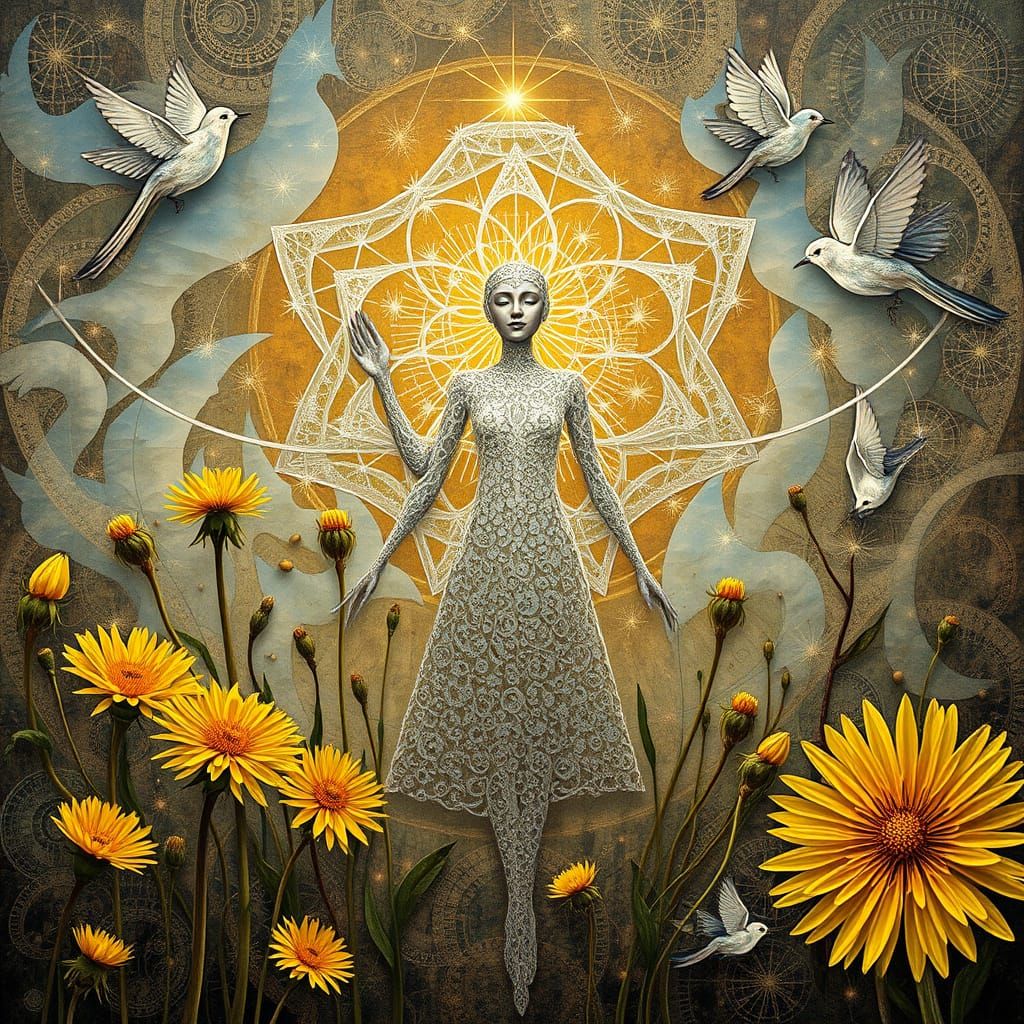 Ethereal Filigree Being Radiates Iridescent Glow Amidst Dand...