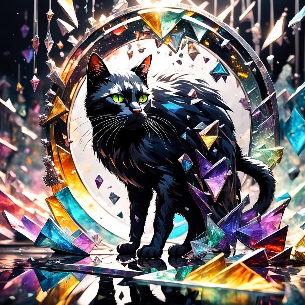 Hyperrealistic Black Cat Walking Through Broken Mirror