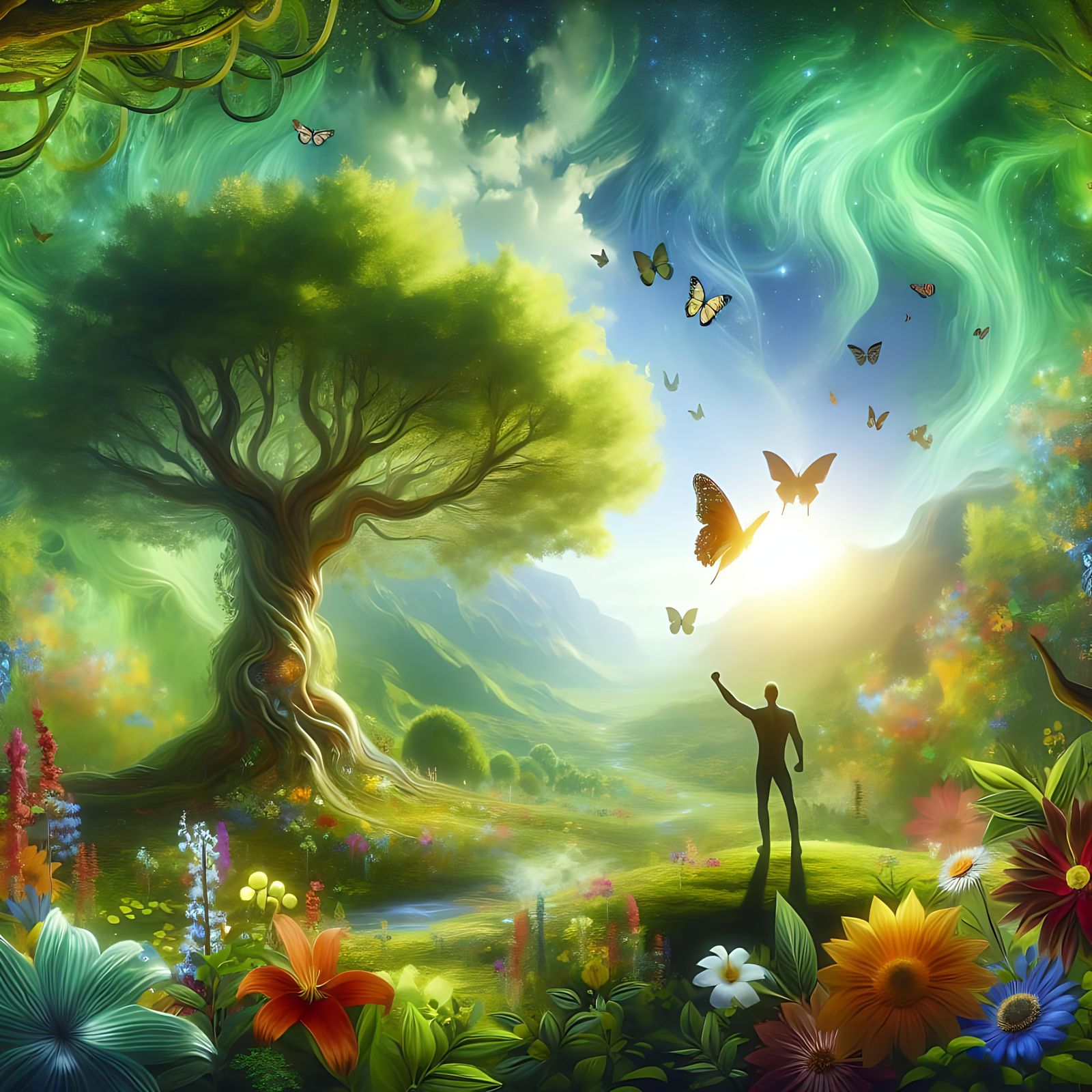 Victorious Figure by the Tree of Life in Paradise