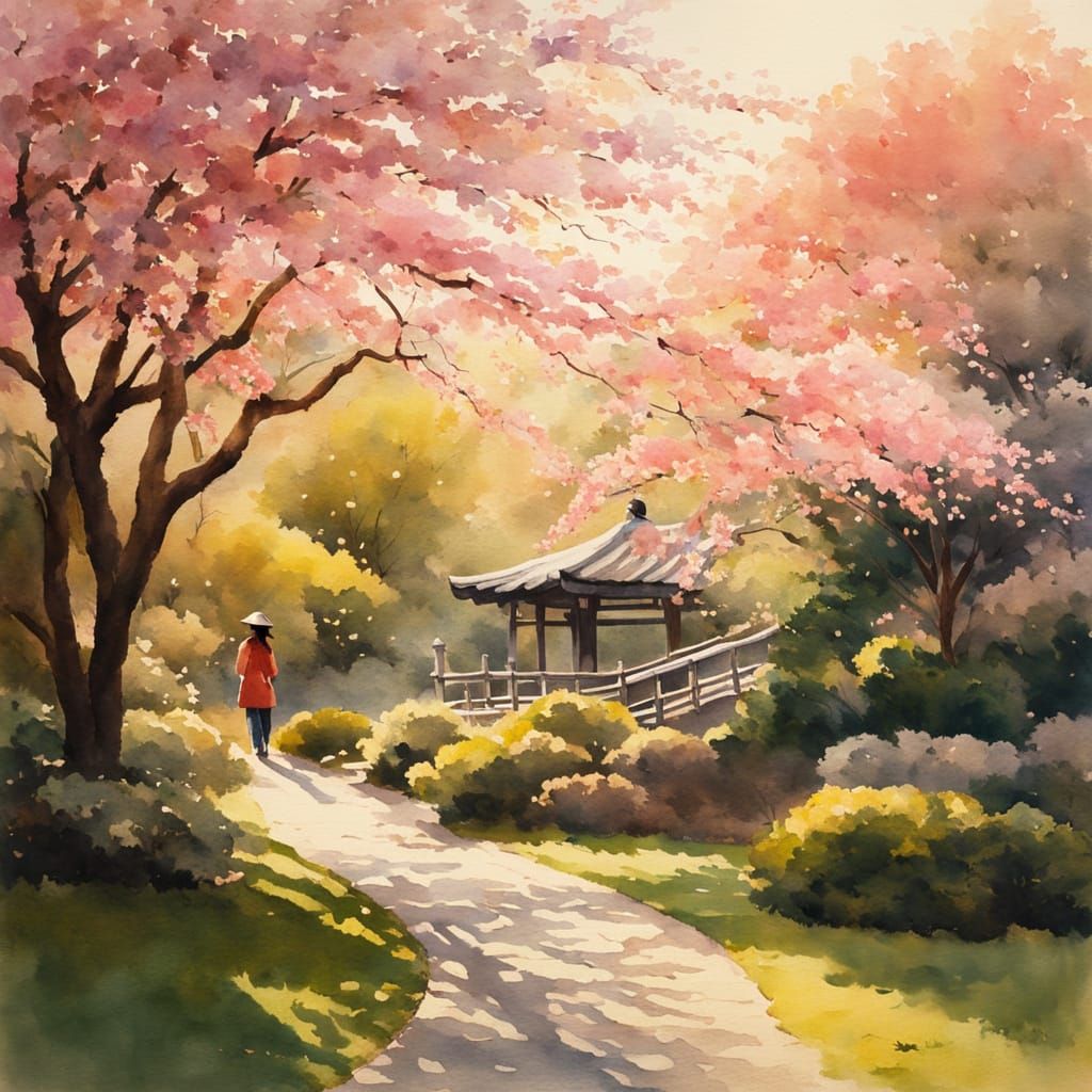 Japanese Garden Watercolor Painting with Cherry Blossoms
