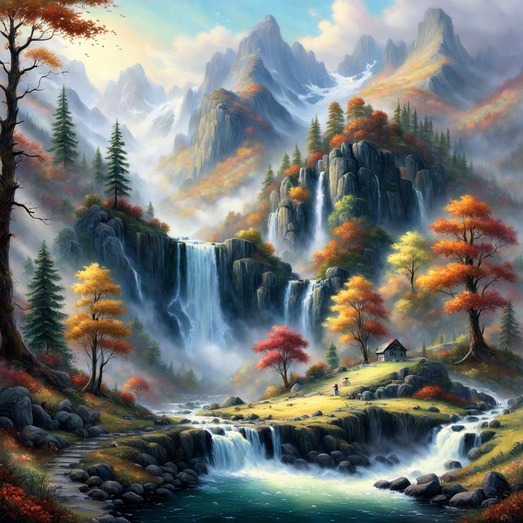 a waterfall in the mountains during autumn 30