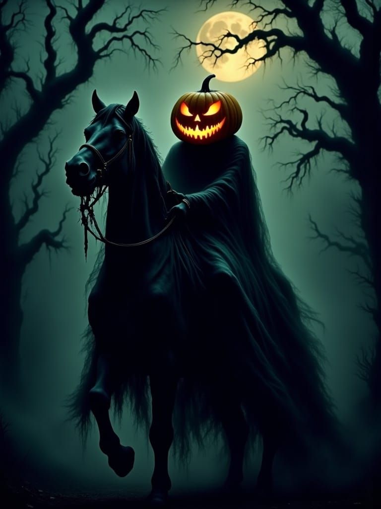 Headless Horseman on Black Horse in Moonlight