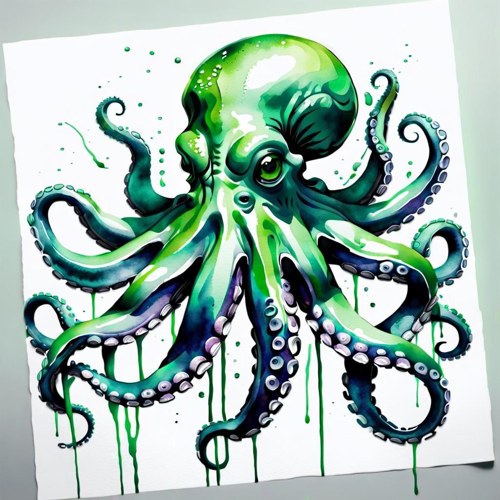 Monochrome Green Octopus in Watercolor Graffiti Style