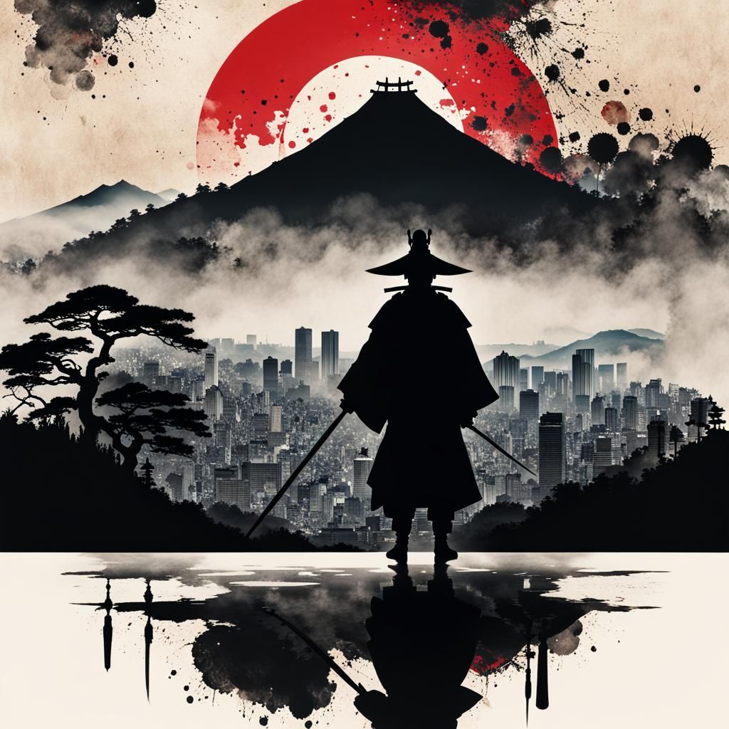 Samurai Silhouette in Ink Splatter Cityscape