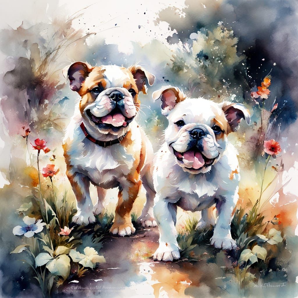 Adorable Bulldog Pups Playing in a Garden