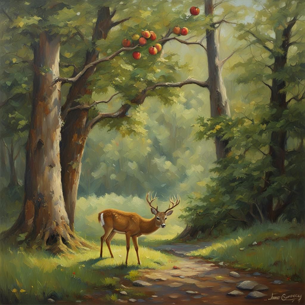 Deer Eating Apple: Oil Painting