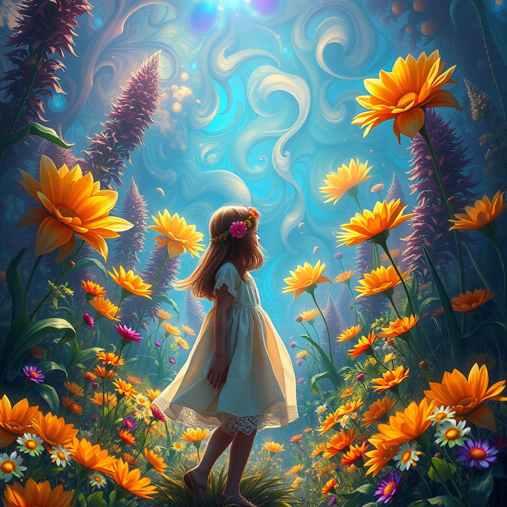 Girl in Dreamlike Flower Garden, Matte Painting
