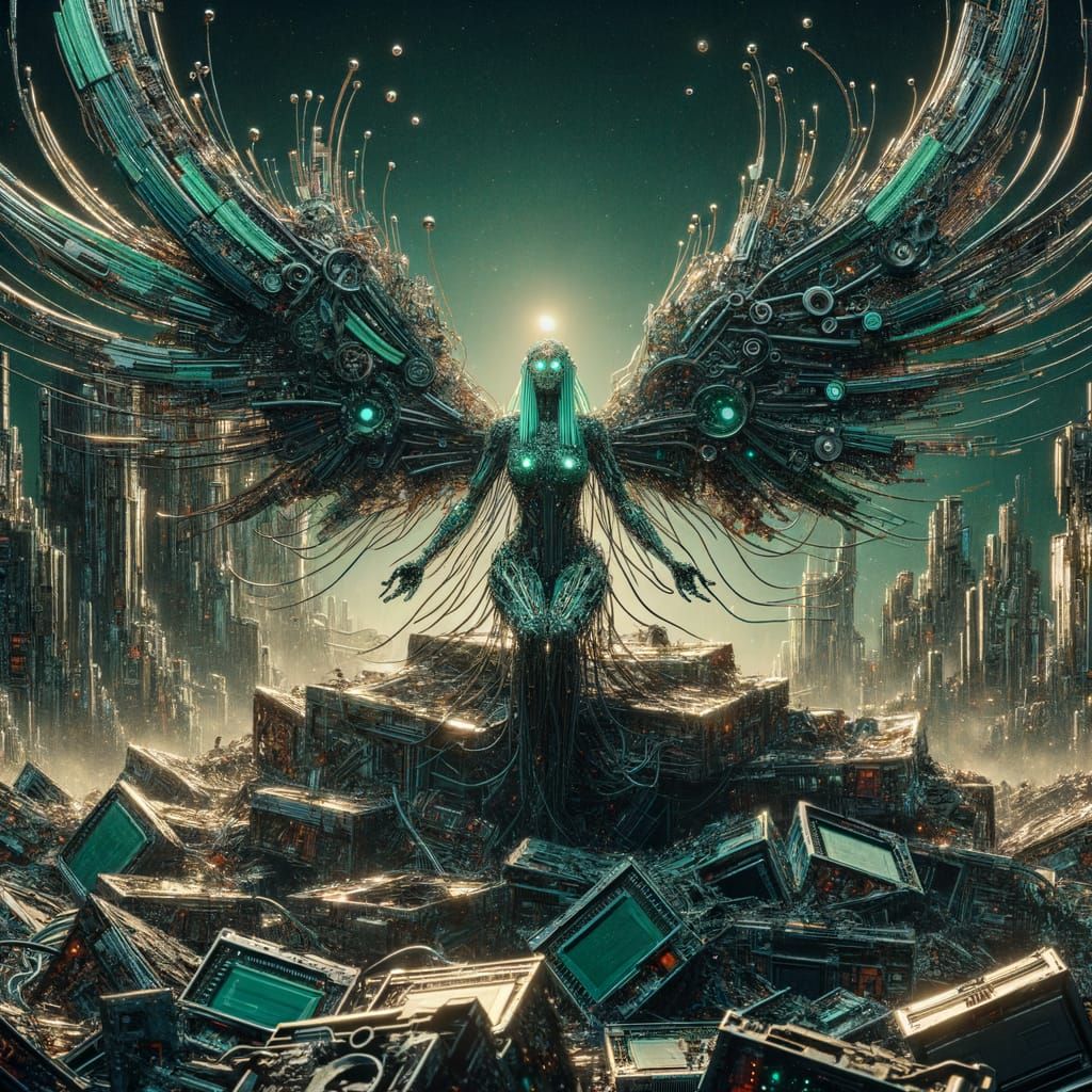 Robot Fairy in Junkyard, Cyberpunk Art