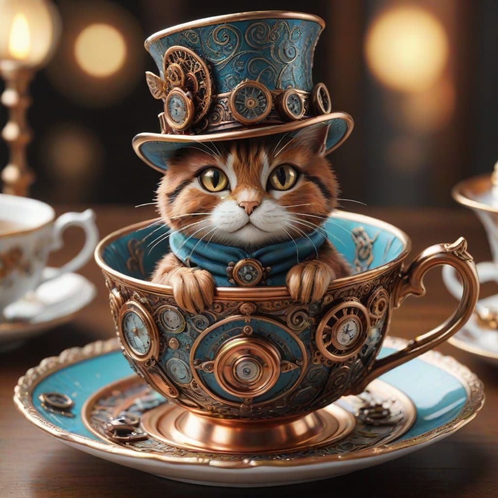 Steampunk Feline in Exquisite Teacup