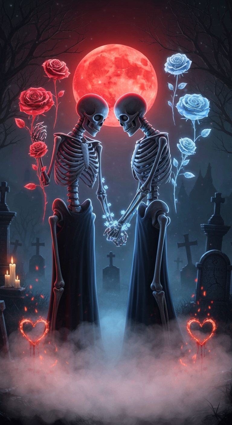 Skeletal Couples Beneath Cursed Valentine Moon