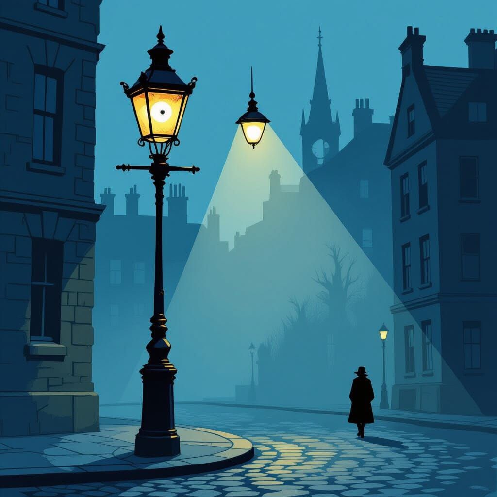 Grumpy Streetlamp Glaring at Shadow on Cobblestone Street