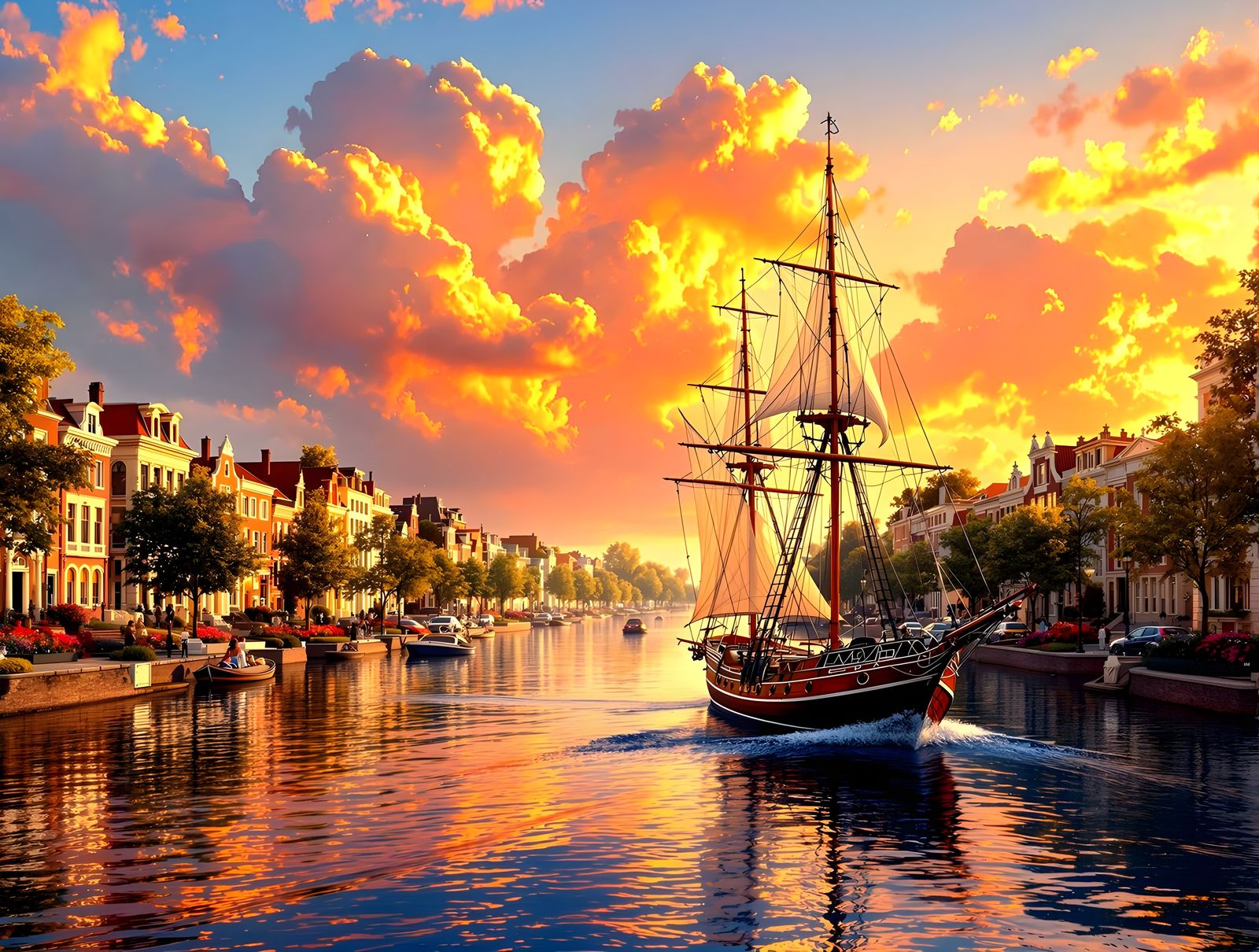 Vibrant Sunset on a Historic Canal