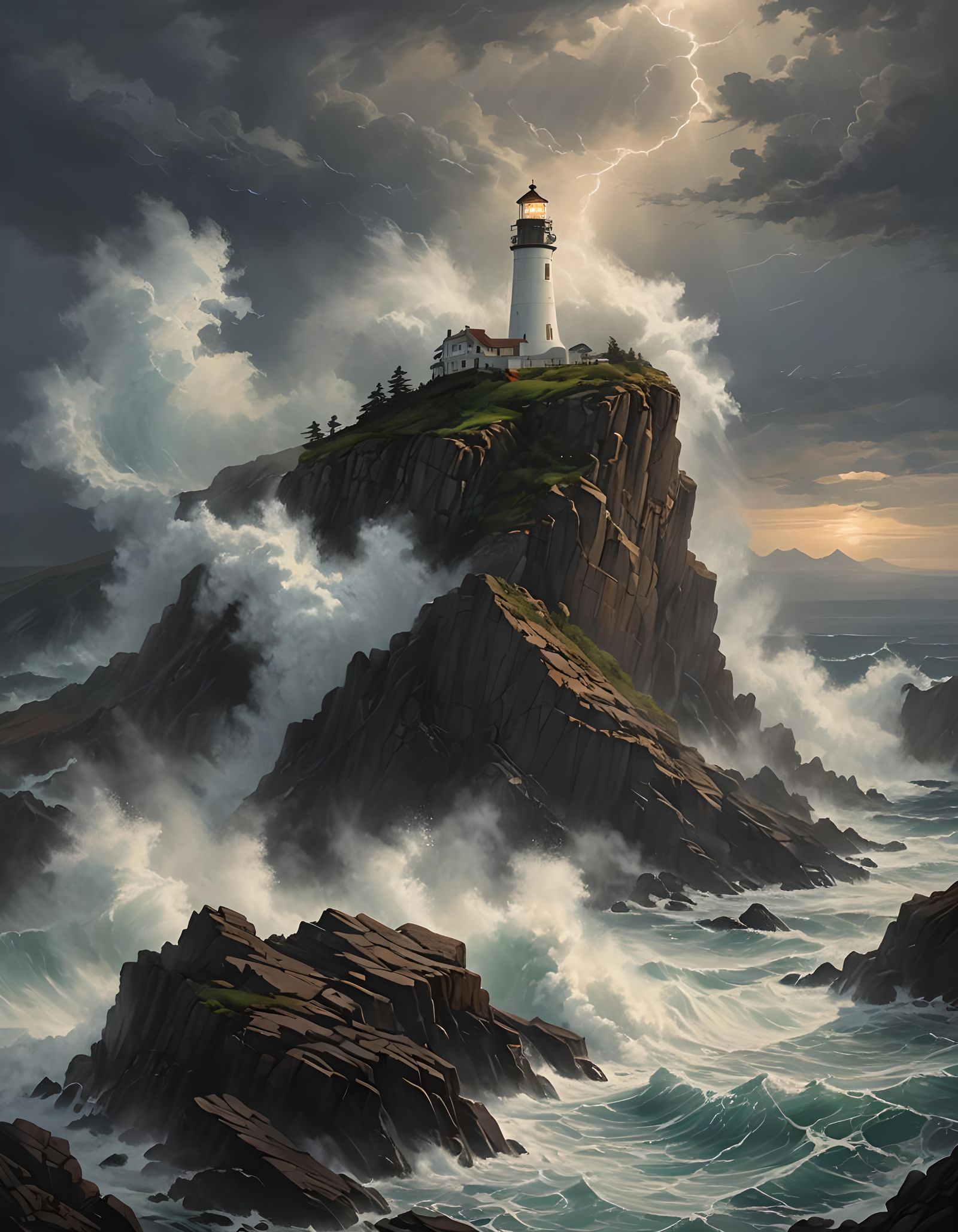 Lighthouse Beacon Amidst Stormy Twilight Seascape